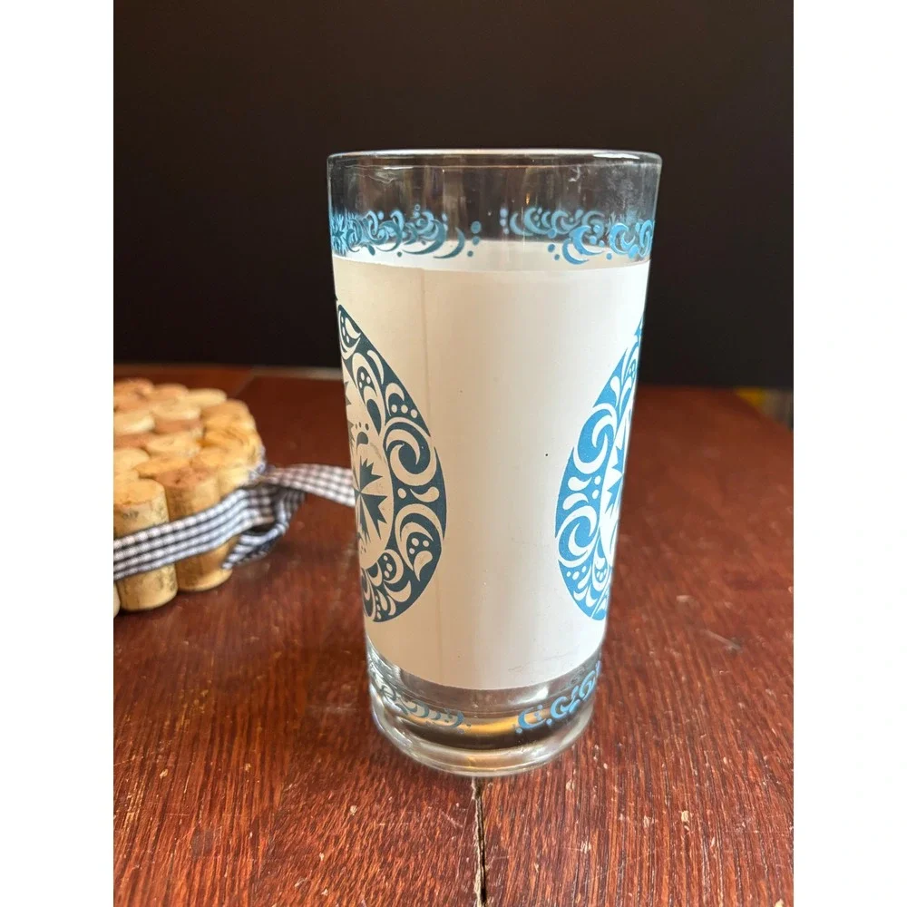 Vintage Frosted Blue Floral Medallion Drinking Glass Tumbler Mid Century Modern